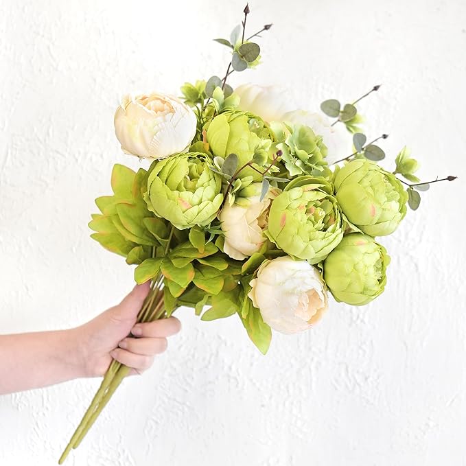 FiveSeasonStuff Mixed Cream Beige and Moss Green Vintage Artificial Silk Flower Peonies 2 Bouquets Floral