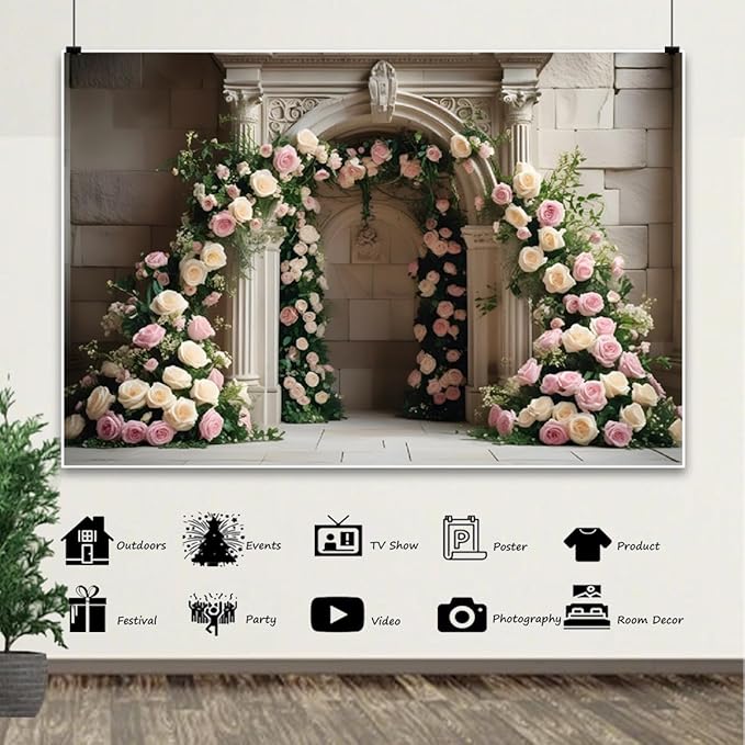 7x5ft White Pink Roses Backdrop Romantic Spring Floral Arch Vintage Palace Wall Background for Wedding Mothers Day Valentines Day Bridal Shower Birthday Princess Couples Women Portraits