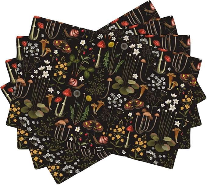 Mushroom Placemats Set of 4,Vintage Forest Moth Table Mats Heat Resistant Washable for Kitchen Dining Table Spring Summer Place Mats Linen 12x18 Inch 4 PCS, Style-4