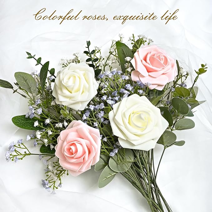 BLEUM CADE 36Pcs Artificial Flowers Fake Roses with Stems, Ivory White Boxed Foam Roses for DIY Bouquets Centerpieces Wedding Party Arrangement Bridal Shower Decor