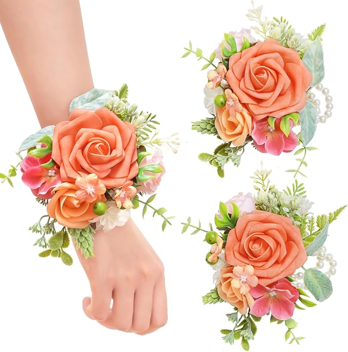 TINGE TIME Set of 2 Wrist Corsage Bracelets Pearl Wristlet Band Bridesmaid Bracelet for Wedding Ceremony Bridal Shower Wedding Artificial Flower Prom (Tropical)