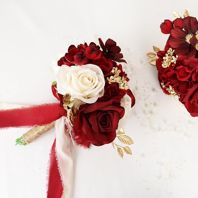 Bridesmaid Bouquets for Wedding, 9 Inch Luxury Artificial Flowers Bouquets for Ceremony Anniversary Centerpieces Decorations -Burgundy & Gold & White