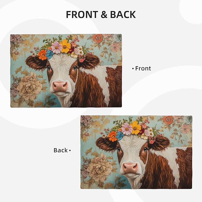 Farmhouse Cow Placemats Set of 6 Washable Table Mats Spring Cow Floral Heat-Resistant Cotton Linen Place Mats for Dining Table Kitchen Indoor Outdoor Party Holiday Decor