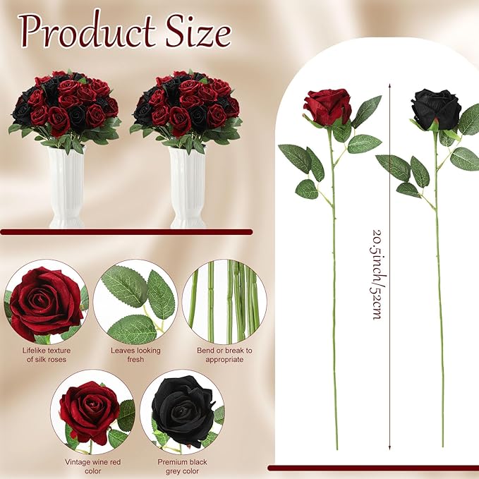 80 Pcs Roses Artificial Flowers, Silk Black & Red Artificial Flowers Petals Long Stem Roses for Wedding Bouquet Home Party Decor