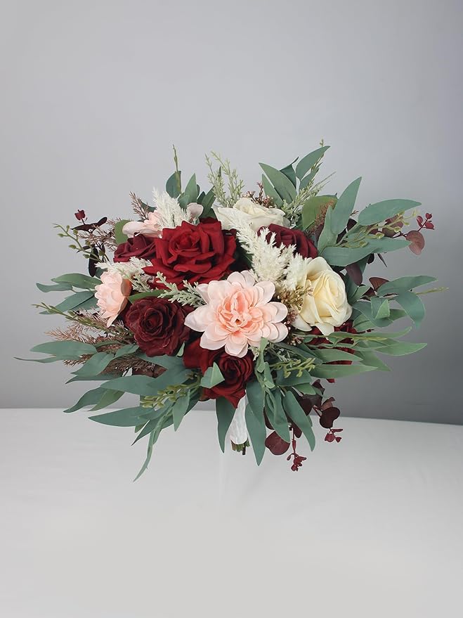 Rinlong 13.5" Wide Fall Wedding Bouquets for Bride Burgundy Bridal Bouquet for Wedding Wine Boho Dried Pampas Artificial Flowers Bouquets