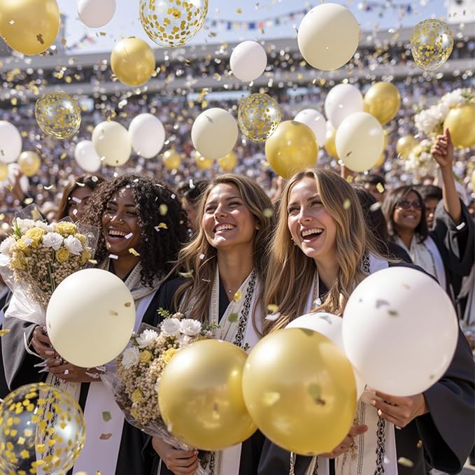 White and Gold Confetti Balloons, 50pcs 12 Inch Metallic Champagne Gold Latex Balloons Matte Sand Beige White Latex Balloons for Birthday Graduation Wedding Gender Revea Party Decorations