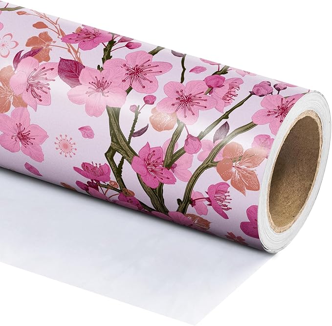 WRAPAHOLIC Floral Wrapping Paper Roll - Mini Roll - 17 Inch x 33 Feet - Sakura Blossom Wrapping Paper for Birthday, Wedding, Bridal Shower, Mother's Day, Valentine's Day