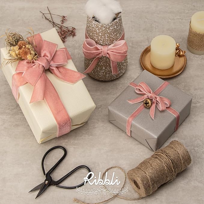 Ribbli Rose Gold Velvet Ribbon 1 Inches Continuous10 Yard Spool Dusty Pink Christmas Ribbon for Gift Wrapping Crafts Home Decor