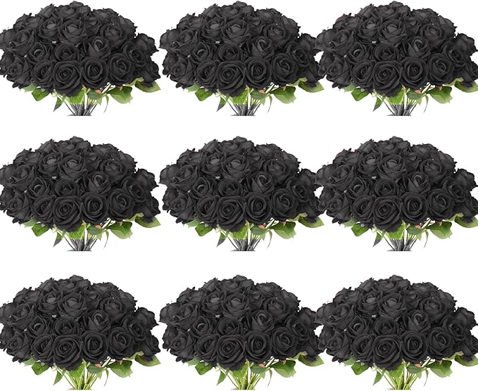 102 PCS Black Roses Artificial Flowers, Fake Roses Bouquet, Artificial Black Rose with Stems for Wedding Flowers Decoration, Valentines Day Mothers Day, Bridal Bouquet Rose