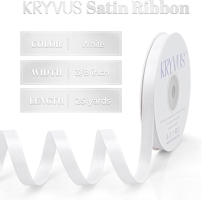 White Satin Ribbon, Double Faced 3/8 Inch X 25 Yards White Ribbon, Premium Satin Ribbon for Gift Wrapping, Crafts, Hair Bow Making, Sewing, Flower Bouquet, Wedding Party Decor