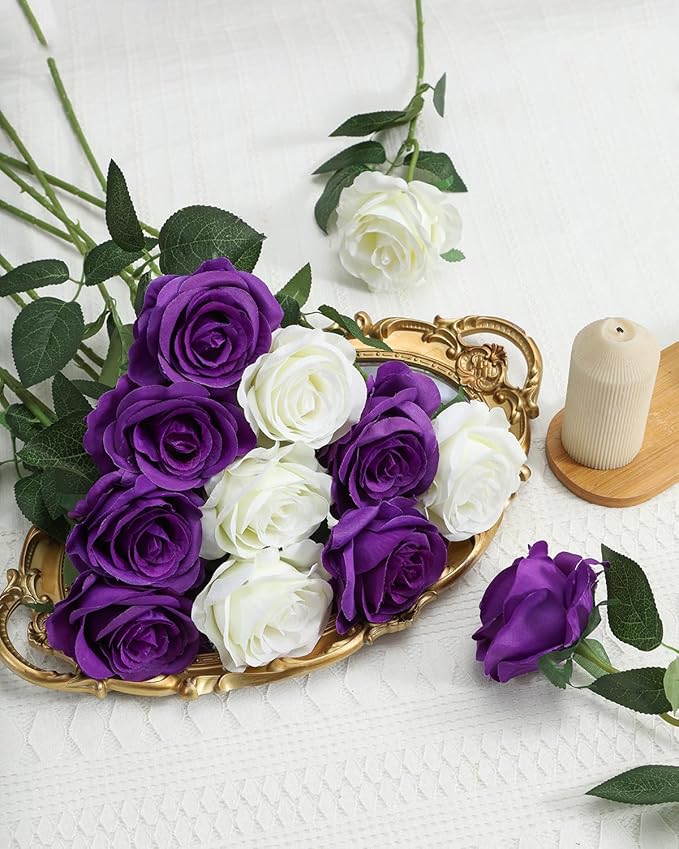 LFF 10pcs Silk Roses Artificial Flowers Fake Long Stem Roses for DIY Wedding Bouquet Home Decoration (Purple)