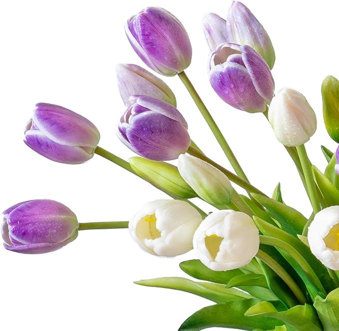 40pcs Artificial Tulips Flowers, Real Touch Latex Bouquet, Fake Tulips for Office Wedding Party Home Kitchen Garden Decoration-B Amethyst Suit
