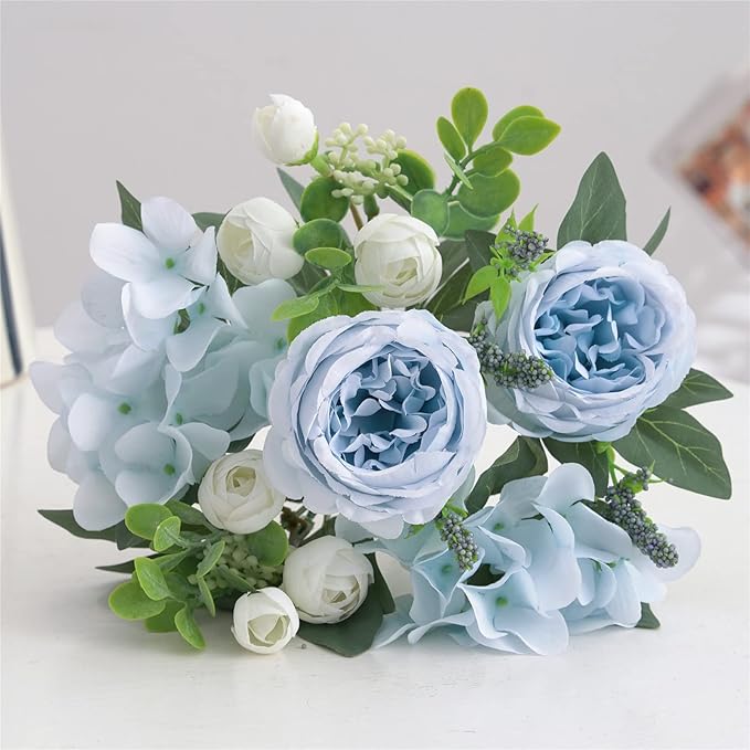 4 Bunches Artificial Flowers for Decoration Blue Peonies Fake Roses Arrangements Table Centerpiece Faux Flores for Wedding Home Vase Decor