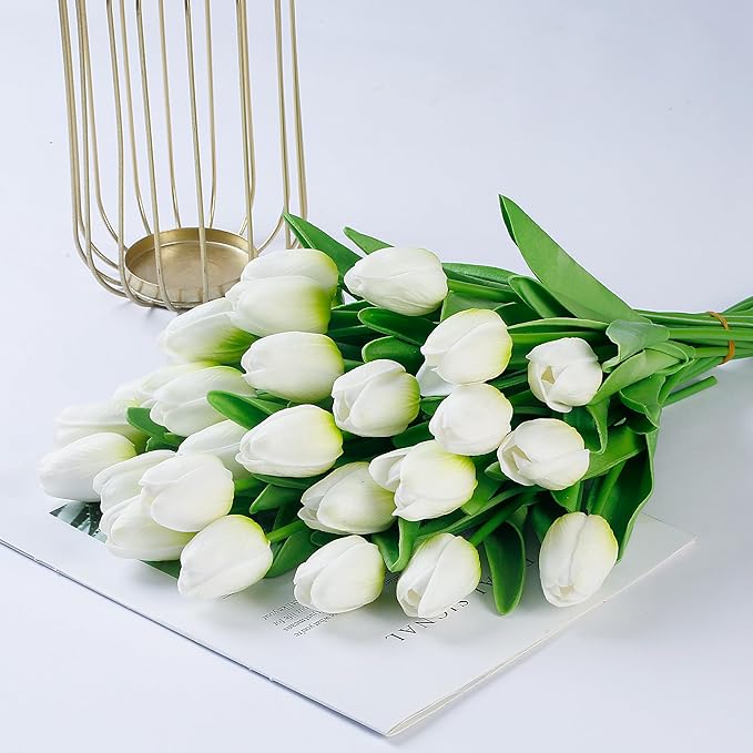 Sggvecsy 30 Pcs Fake Tulips Artificial Flowers Real Touch PU Faux Flowers Tulip Stems for Wedding Spring Bouquet Floral Arrangement Home Party Office Decorations for Mother's Day (Green White)