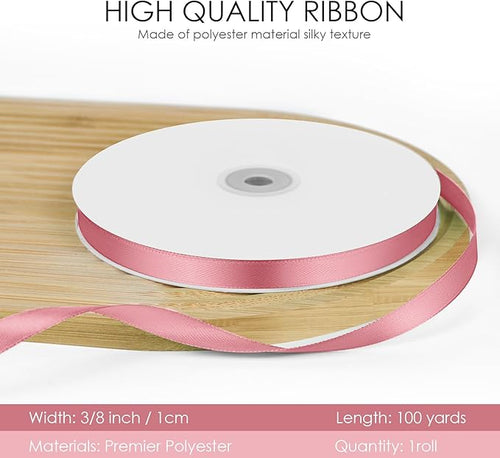 100 Yards 3/8 inch Satin Ribbon, Fabric Ribbon Solid Color Perfect for Gift Wrapping, Wedding, Handmade Bows, Floral Bouquets and Party Decoration(Pink)