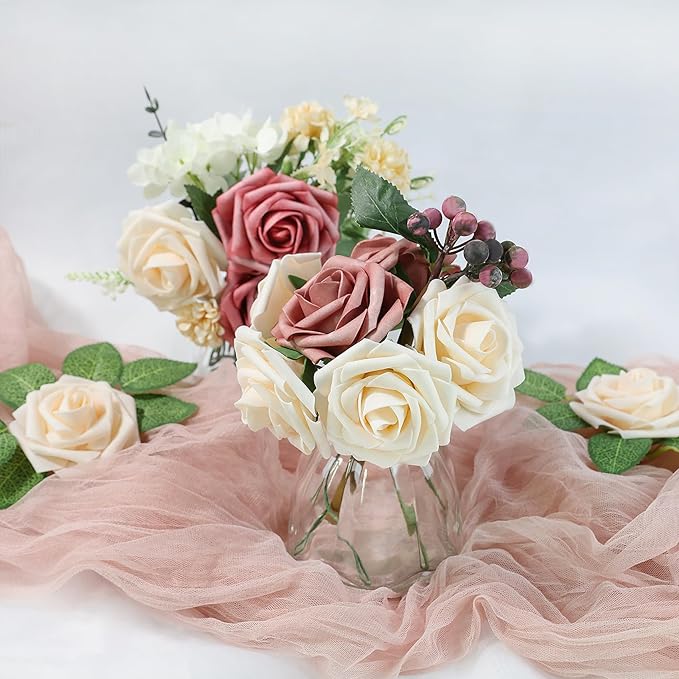 Meldel Artificial Flower 25pcs Real Touch Champagne Rose Fake Foam Roses with Stems for DIY Wedding Bouquets Gifts Bridal Shower Faux Floral Centerpieces Arrangements Home Party Tables Decorations