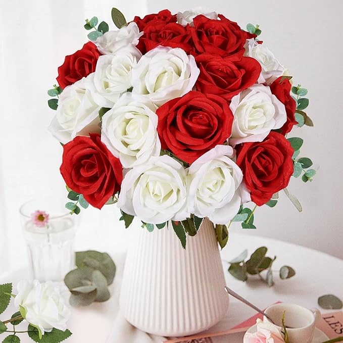 20PCS Artificial Roses with Long Stems - Realistic Silk Flowers, Fake Roses Real Touch Bouquet of Roses for Home Decor, Bridal Wedding Party Table Centerpieces, Bulk Faux Rose Flowers (White Red)
