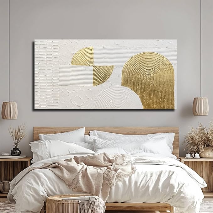 VAYIMDH White Abstract Wall Art Hand Drawn Wall Decor Pictures Semicircle Paintings Arts for Living Room 24"x48" Artwork