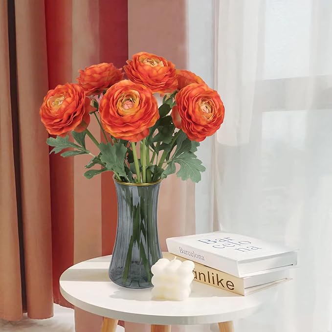 6PCS Orange Ranunculus Artificial Flowers Real Touch Peonies Silk Ranunculus Flowers with Stems for DIY Wedding Bouquet Party Table Home Decor(Orange)