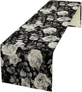 Vintage Black Flower Table Runner, Retro Roses Blossom Eucalyptus Plants Botanical Branches Dark Gothic Floral Table Runner for Home Party Indoor Outdoor Decor, 13x60inch
