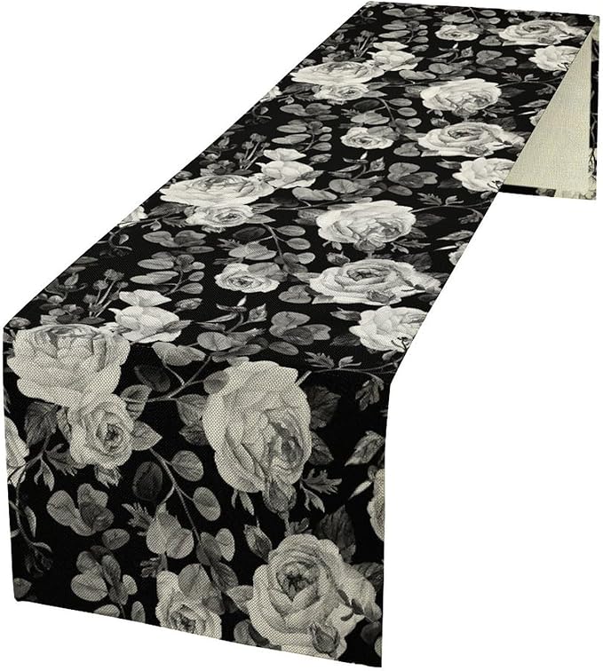 Vintage Black Flower Table Runner, Retro Roses Blossom Eucalyptus Plants Botanical Branches Dark Gothic Floral Table Runner for Home Party Indoor Outdoor Decor, 13x90inch
