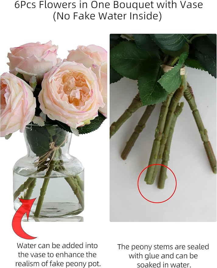6Pcs Fake Austin Rose Peonies Flowers with Vase, Clear Glass Vase with Pink Real Touch Peonies Artificial Flowers Home Decor(Pink)