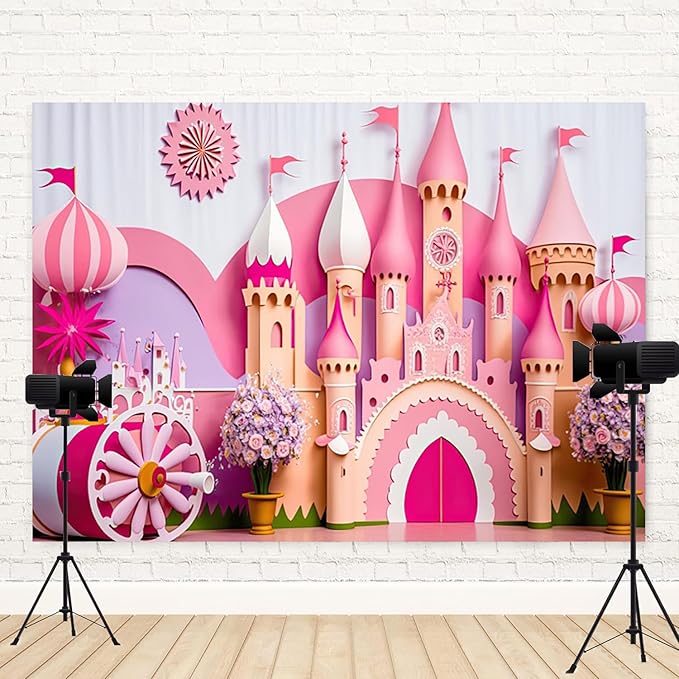 15x10ft Princess Castle Backdrop Pink Purple Floral Girl Birthday Photography Background Kids Birthdays Newborn Baby Shower Banner Decorations Wedding Party Portrait Photo Booth Prop