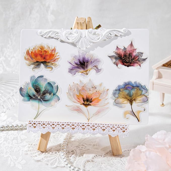 90pcs Watercolor Floral Scrapbook Stickers Set, Transparent PET Vintage Flower Stickers Decals with Smudge Effect for Journaling, Planners, Card Making, DIY Crafts and Scrapbooking