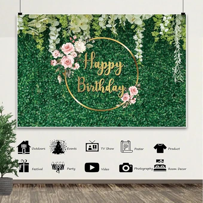 10x5ft Happy Birthday Backdrop Green Grass Flowers Wall Greenery Green Leaves Nature Botanical Photography Background Birthday Party Anniversary Portrait Studio Photo Props Polyester