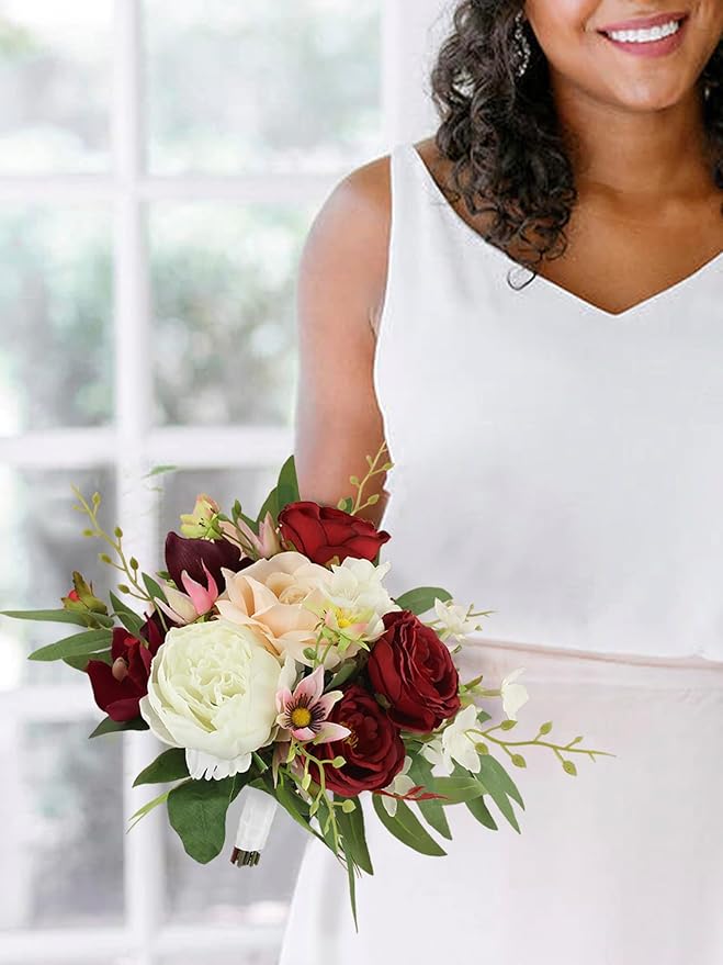 Rinlong 1Pc Fall Wedding Bouquets for Bridesmaids Burgundy Artificial Bridesmaid Bouquet for Wedding Prom