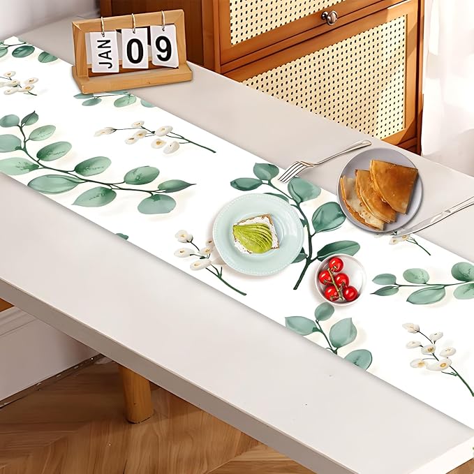 Eucalyptus Table Runner with White Berries – 13x72 Inch Greenery-Inspired Linen-Look Fabric, Rustic Farmhouse Table Decor for Dining Room, Kitchen, Wedding, Spring & Everyday Use