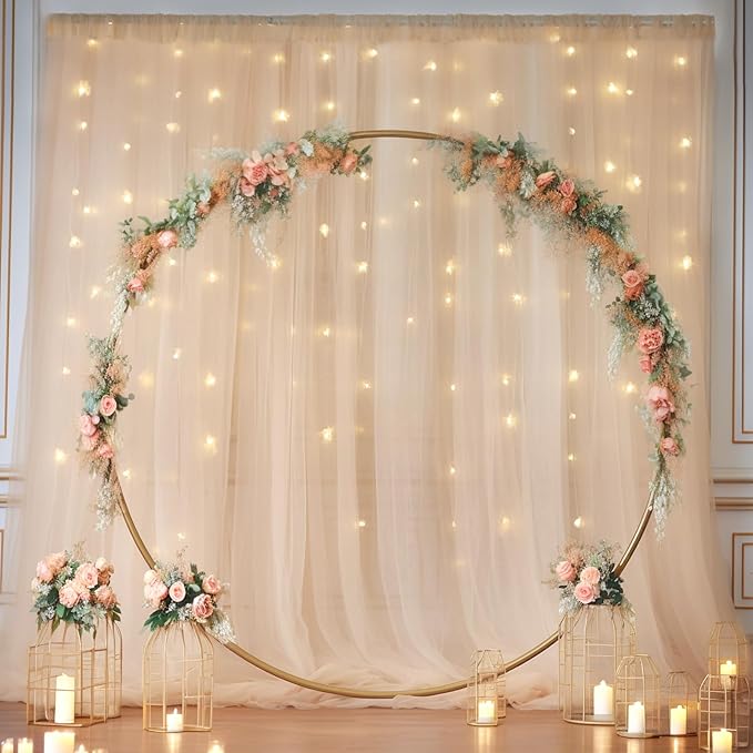 10x10ft Champagne Tulle Backdrop Curtain with Lights String for Parites, Sheer Backdrop Curtains for Wedding Baby Shower Birthday Party Photo Shoot Decorations