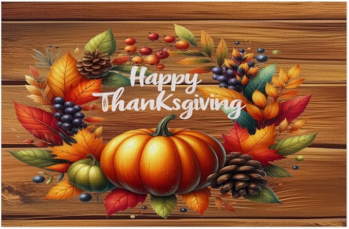 Thanksgiving Pumpkin Holiday Rainbow Placemats Set of 6 PVC Vinyl Non Slip Table Mats Heat Resistant Place Mats Washable Wipeable Dining Table Mat for Kitchen Party Indoor Outdoor Decorative Gift