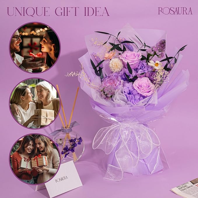 Rosaura Preserved Flowers Bouquets, Natural Real Roses for Delivery Prime, Forever Rose Bouquets Valentine's Day, Mother's Day, Christmas, Birthday Gifts-Light Purple (with vase)