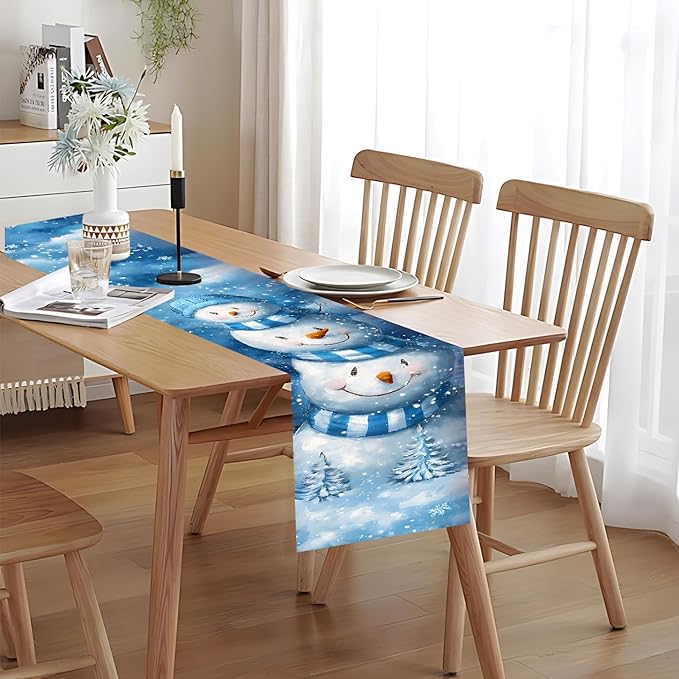Christmas Snowman Table Runner for Dining Table, Winter Holiday Party Decor, Blue Snowflake Printed Long Tablecloth Runner for Kitchen, Christmas Dinner, Home Decoration, Holiday Table Setting