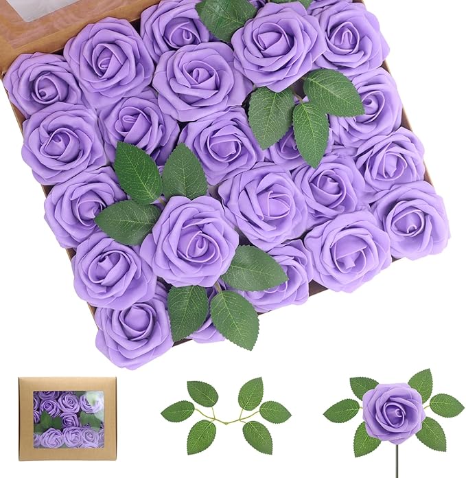 50PCS Artificial Flowers Purple Roses Real Looking Foam Fake Roses with Leaves and for DIY Wedding Bouquets Bridal Shower Centerpieces Party Decorations (Purple, 50)