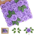 100PCS Artificial Flowers Purple Roses Real Looking Foam Fake Roses with Leaves and for DIY Wedding Bouquets Bridal Shower Centerpieces Party Decorations (Purple, 100)