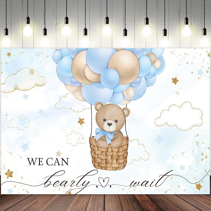 12x8ft Baby Shower Backdrop Bear Hot Air Balloon Photography Background Blue Brown Balloons White Cloud Glitter Gold Stars Birthday Party Banner Decorations Newborn Parties Photo Booth Prop