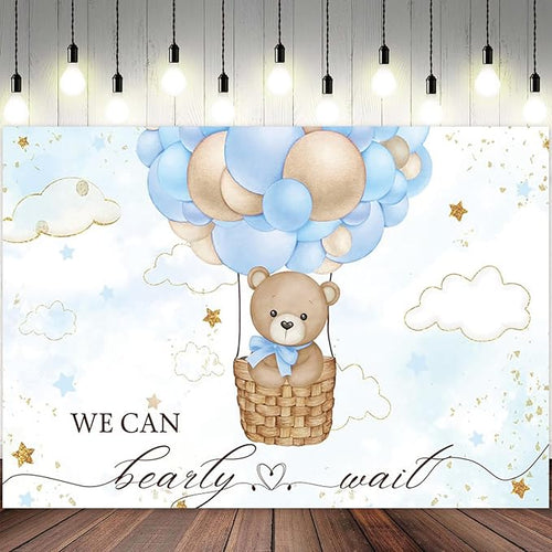 15x8ft Baby Shower Backdrop Bear Hot Air Balloon Photography Background Blue Brown Balloons White Cloud Glitter Gold Stars Birthday Party Banner Decorations Newborn Parties Photo Booth Prop
