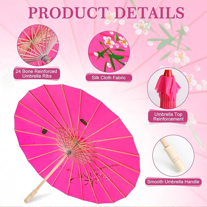 33" Hot Pink Flower Silk Cloth Decoration Handmade Parasol Umbrella Chinese Japanese Asian DIY Art Dance Classical Umbrella for Wedding Parties Photography Costumes Cosplay (Hot Pink)