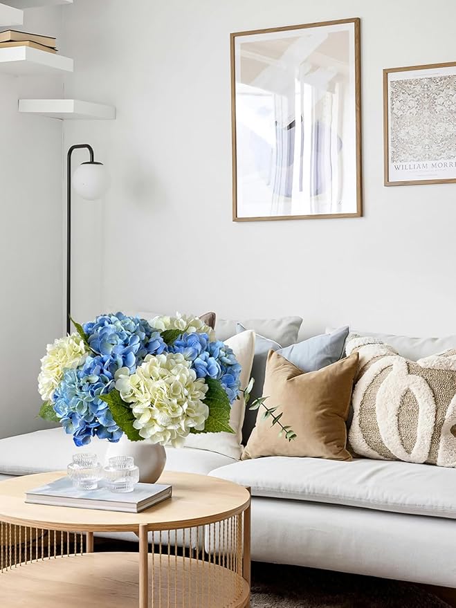 4 Pcs Real Touch Hydrangeas White Artificial Hydrangeas Flowers Real-Looking Faux Latex Hydrangea for Kitchen Living Room Porch Home Decor Baby Shower Party Wedding Table Centerpiece