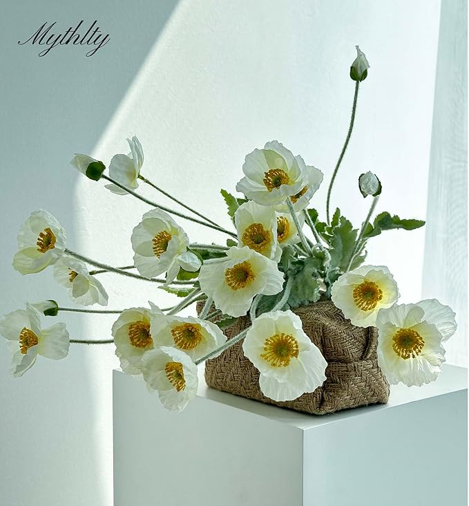 Set of 6 White Poppies Flowers Artificial for Vase, Faux Wildflowers with Long Stems, Silk Flowers Arrangement for Wedding Party Farmhouse Home Office Indoor Kitchen Dining Table Decoration
