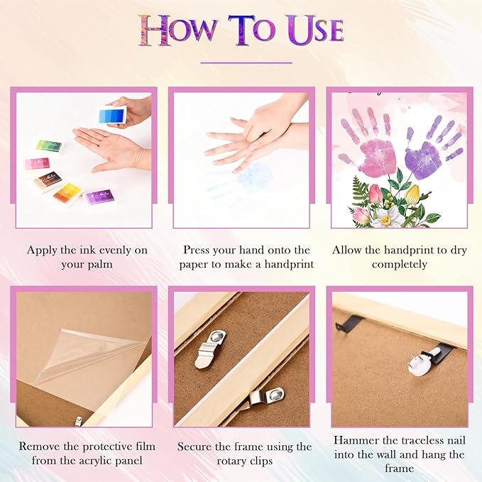 DIY FlowerHandprint Craft Kit for Grandma, Unique Gifts for Grandma, Birthday Gift for Mom Grandma Nana Mimi, Christmas and New Year Gifts(12" x 16", 2 Art Papers, Wood Frame)