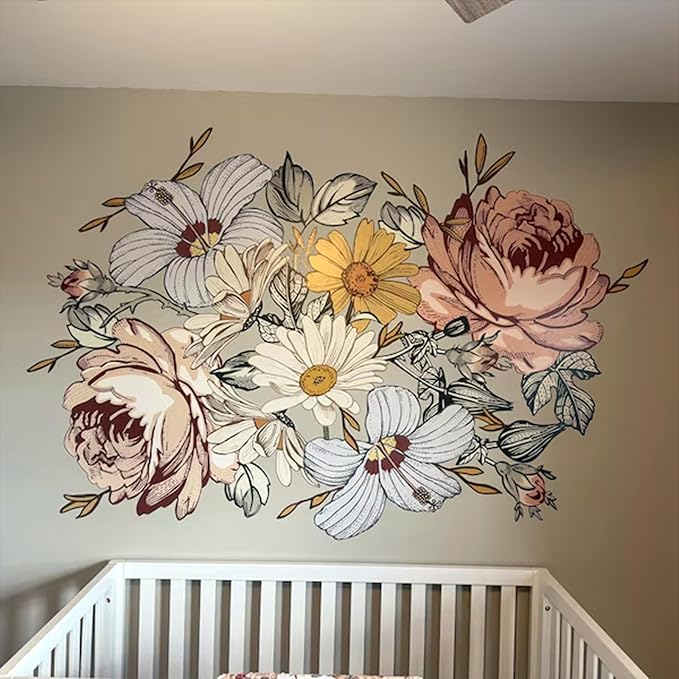 Vintage Peony Flower Wall Sticker,Large Retro Floral Wall Decal with Roses,Daisies and Wildflowers for Bedroom,Living Room,Nursery or Entryway,iinuu Romantic Cottagecore Decor