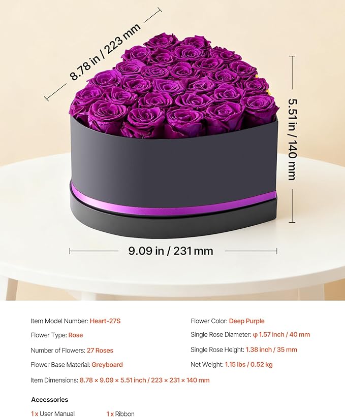 VEVOR Forever Flowers, 27 Preserved Roses in Heart Shape Box, Eternal Flowers Immortal Bouquet Birthday Present for Women Her Wife Mothers, Anniversary, Valentine's Day,Christmas, Purple