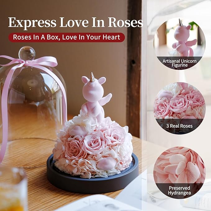 SEEROSE Preserved Rose with Unicorn in Glass Dome, Eternal Real Rose Romantic Gift for Her, Women, Mom, Wife, Girlfriend, Valentine’s Day, Mother’s Day, Christmas, Birthday (Lucky Unicorn, Pink)