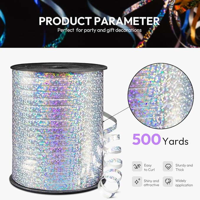 500 Yards Shiny Metallic Silver Curling Ribbon with Spool, 1/5" Holographic Curly Ribbons - Perfect for Gift Wrapping, Florist Flowers, Birthday Party Decorations, Balloon String