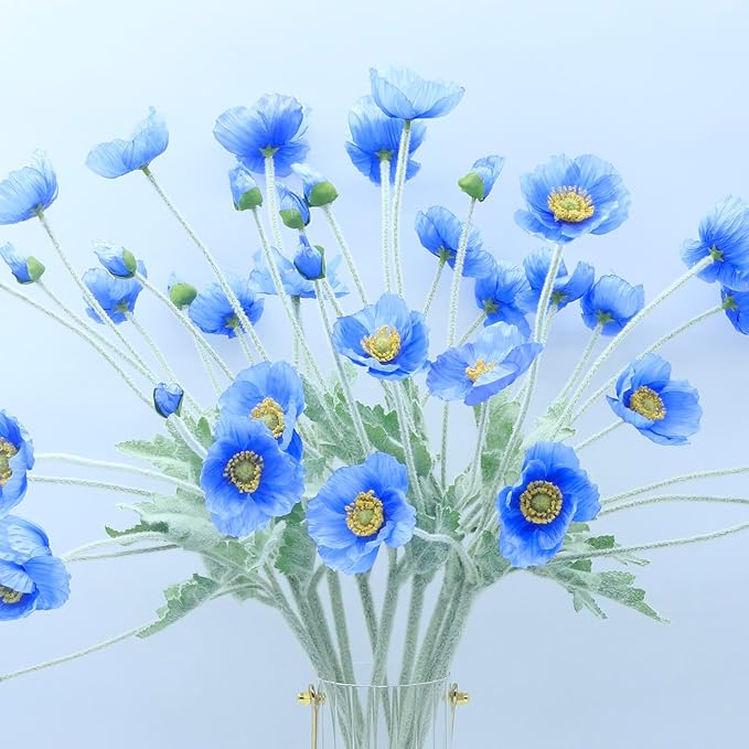 2 Pcs Artificial Fake Flowers Plants Poppies Silk Flower Arrangements Wedding Bouquets Decorations Plastic Floral Table Centerpieces for Home Kitchen Garden Party Decor Approx 23.6" High - Dark Blue