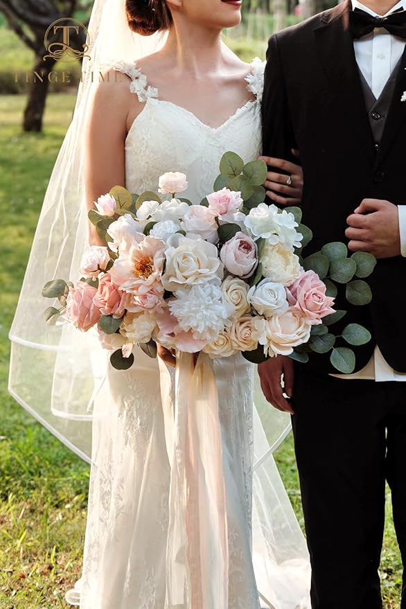 TINGE TIME 17 Inch Artificial Bridal Bouquet Realistic Silk Wedding Bouquet, Durable Fake Flowers for Brides, Bridesmaids, Home Decor, and Events (Champange&Pink)