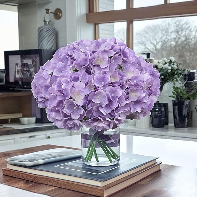 2Bouquets Artificial Fake Flowers Plants Silk Hydrangea Arrangements Wedding Bouquets Decorations Plastic Floral Home Kitchen Garden Party Festival Bar DIY (Lavender,5 Flower Heads)
